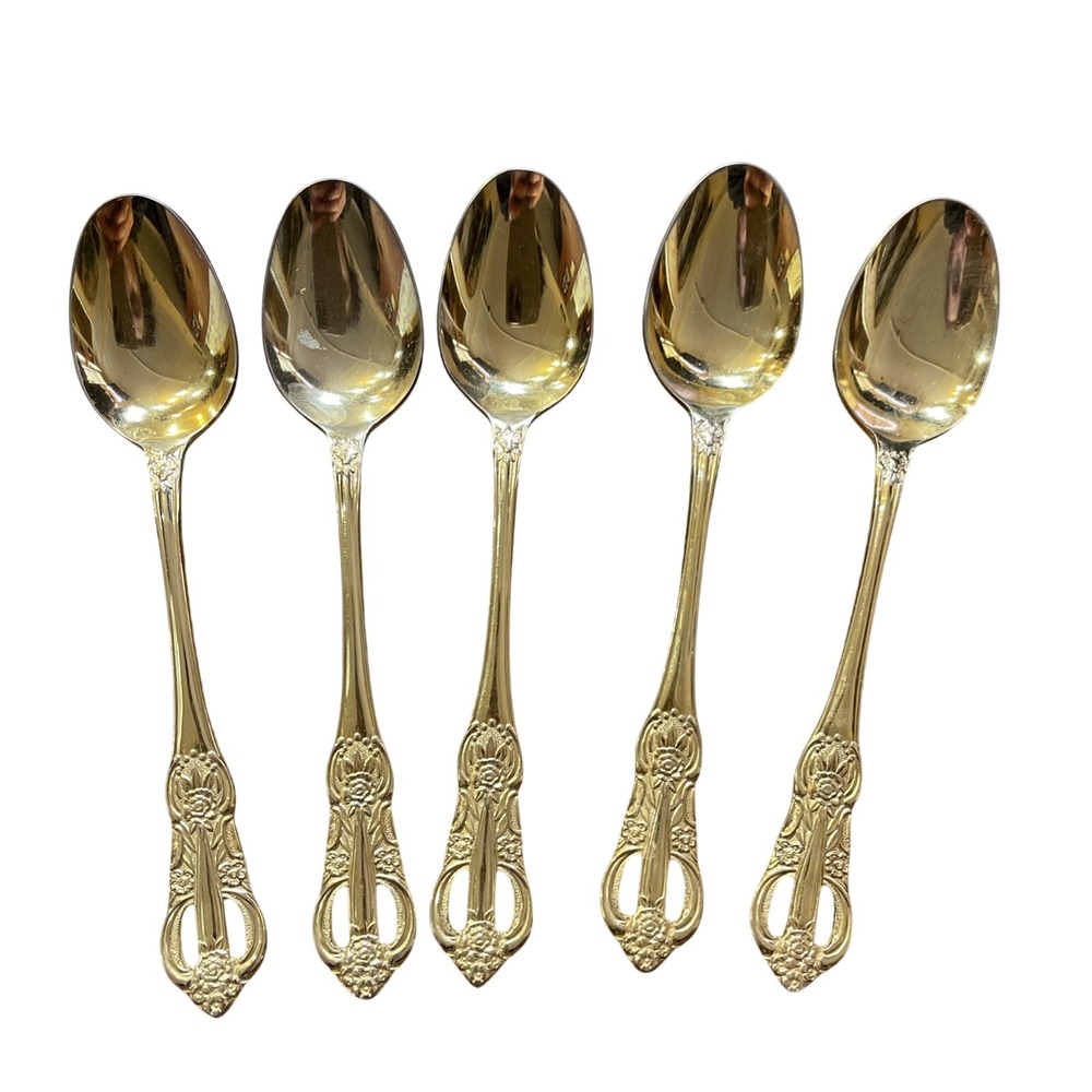 5 Hanford Princeton Pierced Gold Rose Flatware‎ TEASPOONS 6.75"